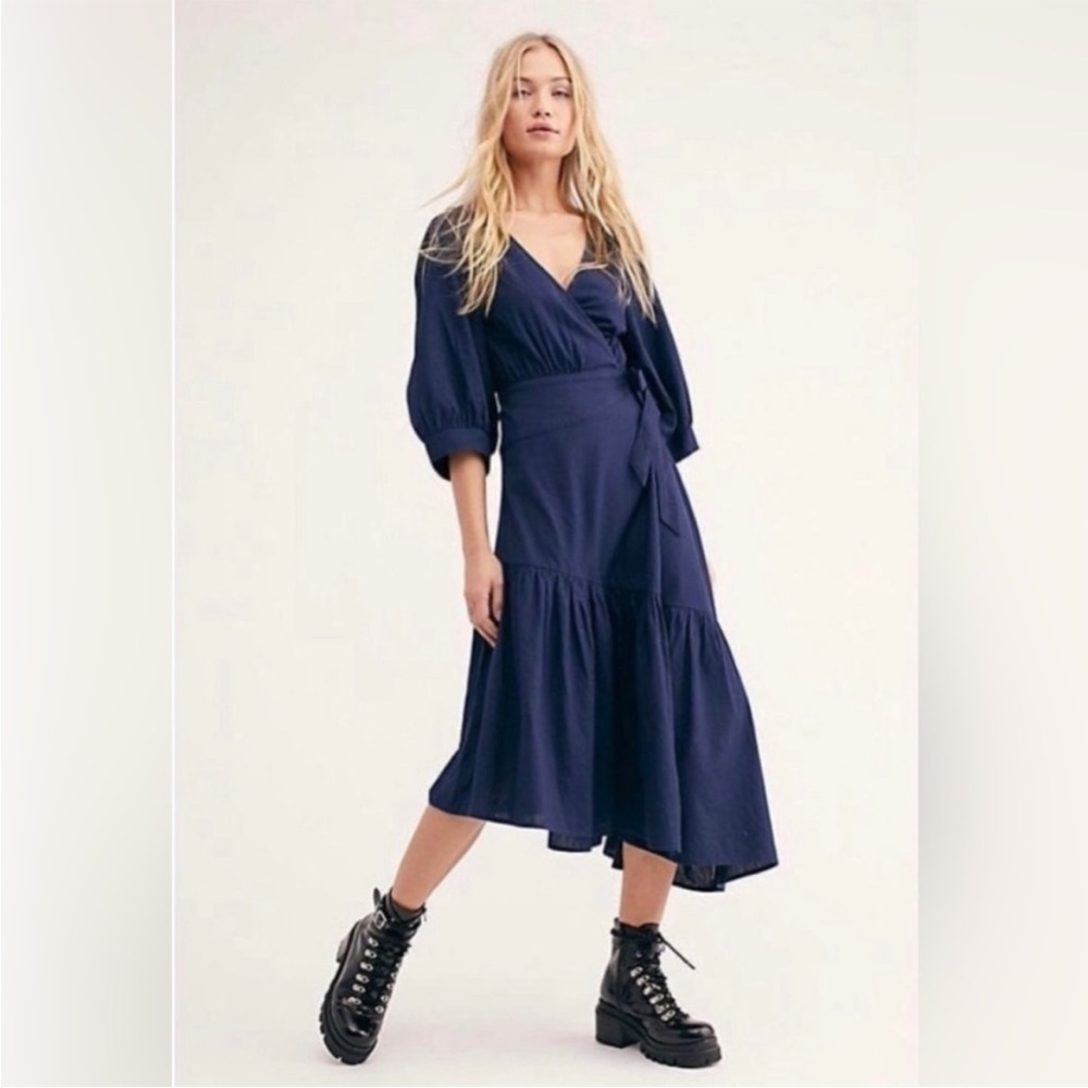 Free People “Don’t Mind If I Do” cotton linen asymmetrical wrap midi dress
